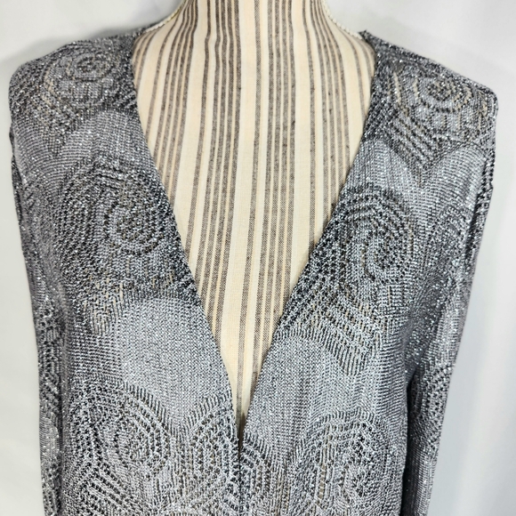 S.L. Fashions Grey Metallic Long Open Front Fringed Kimono Cardigan Size XL - Picture 2 of 9